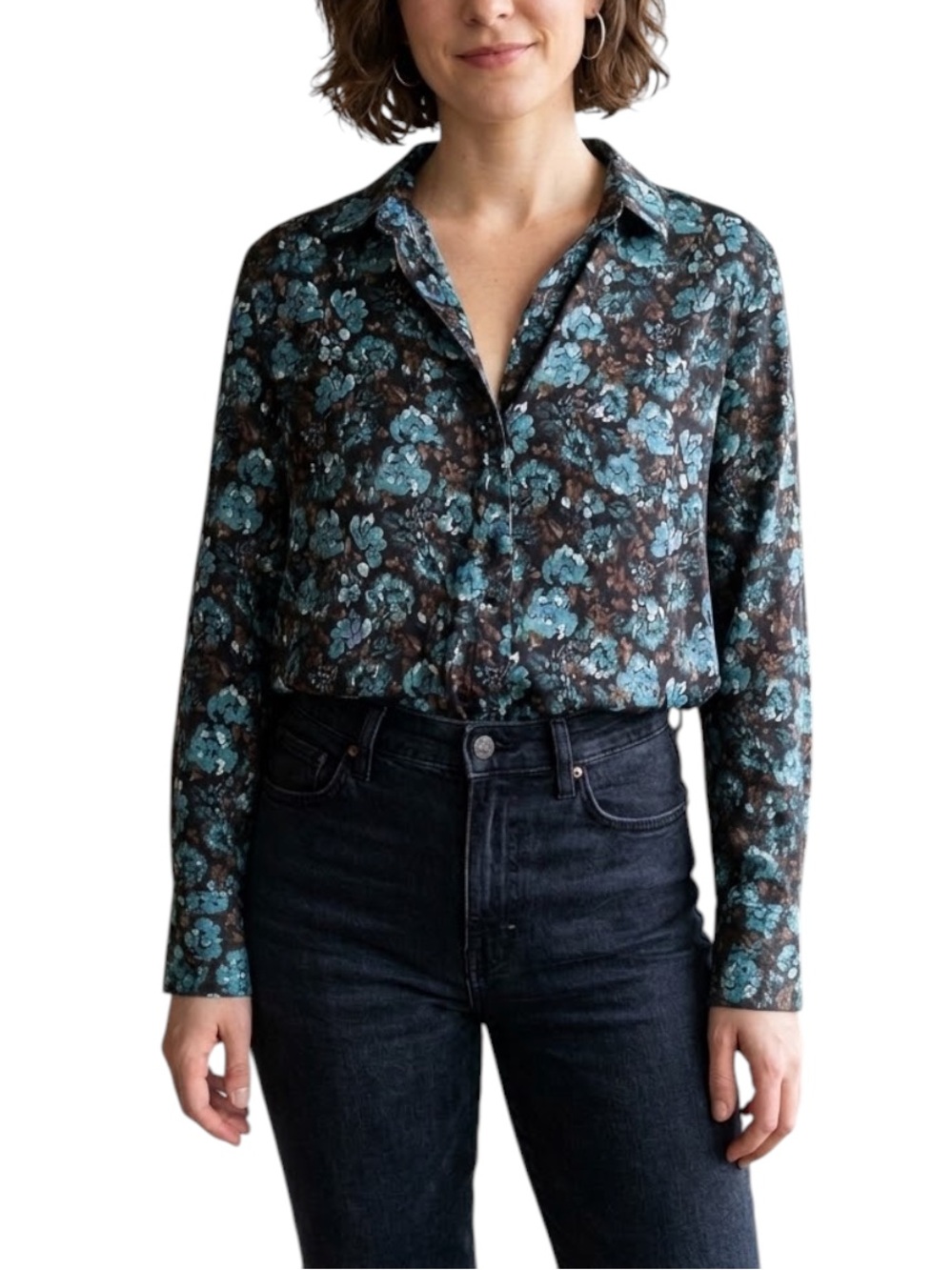Frank And Oak Women’s Sz  Small/ P Long Sleeve Button Front Floral Blouse Blue